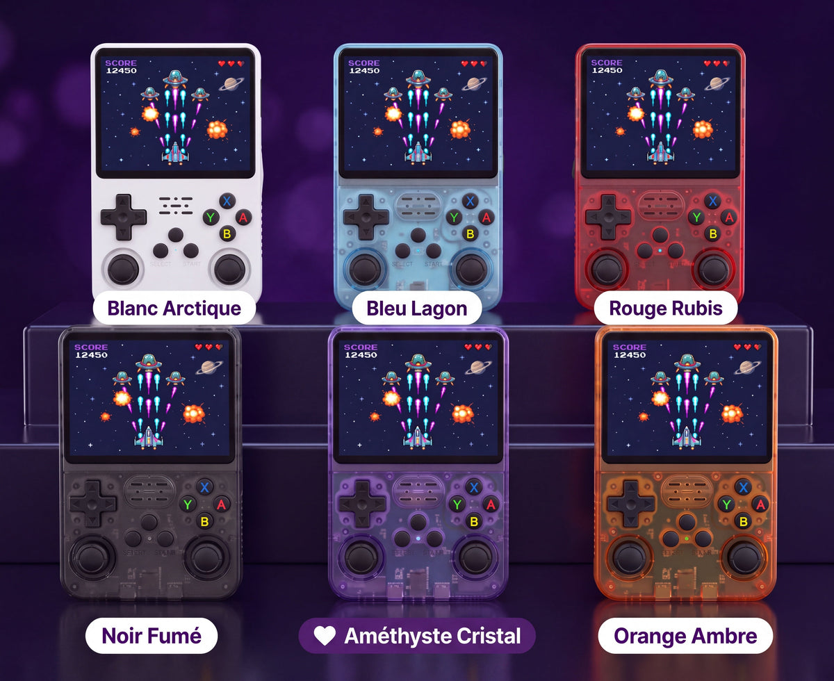 Console rétro portable GAMYKA en six coloris : Blanc Arctique, Bleu Lagon, Rouge Rubis, Noir Fumé, Améthyste Cristal et Orange Ambre
