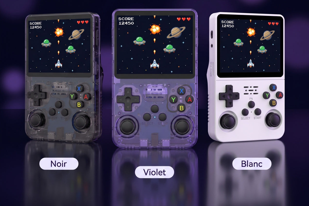 Console rétro portable GAMYKA en trois coloris : noir, violet et blanc